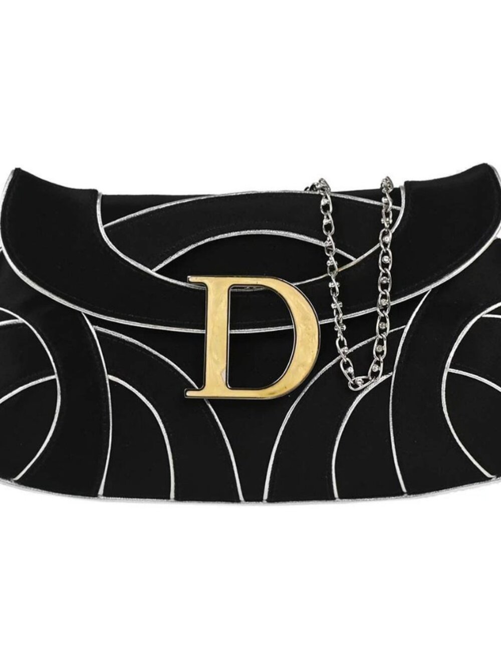 Christian Dior Black Satin Crystal Chain D Flap Shoulder Bag 157-BM-0075 188248